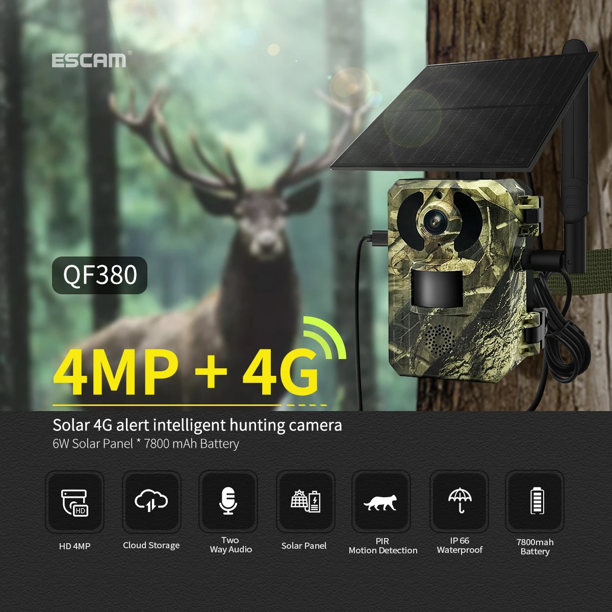 ESCAM QF380 כוח סולארית 4MP 4G כרטיס ה Sim-מצלמה Ubox אפליקציה חיות הבר המשפט מצלמה חיצוני קמפינג ציד צג דיגיטלי מצלמת וידאו - 4
