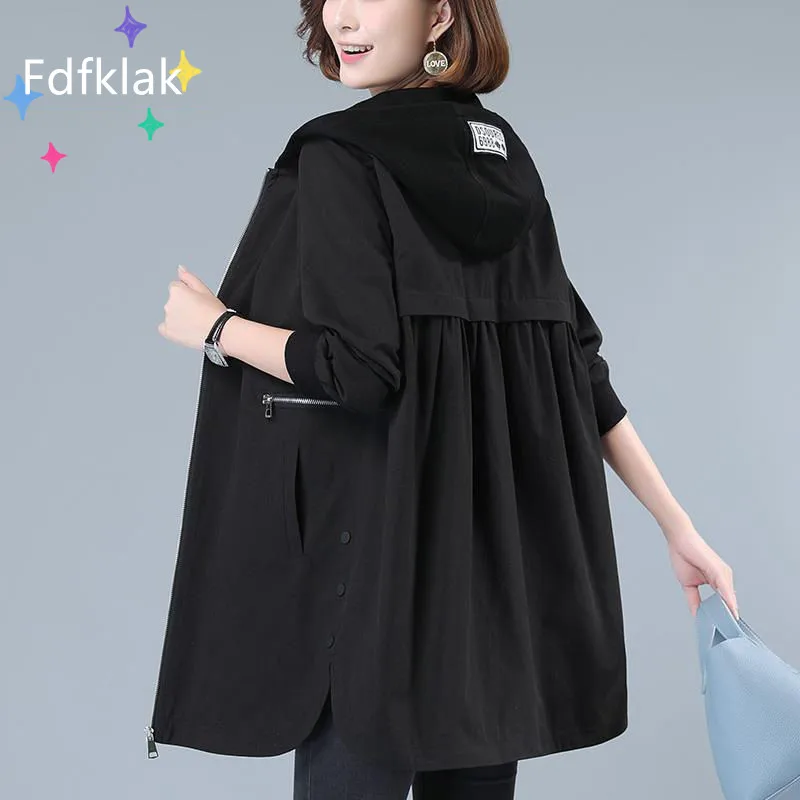Fdfklak חדש סתיו נשים בגדים מזדמנים בסיסי מעיל כיס רוכסן מעילי רופף עם ברדס ארוך שרוול מעיל רוח נשית - 4