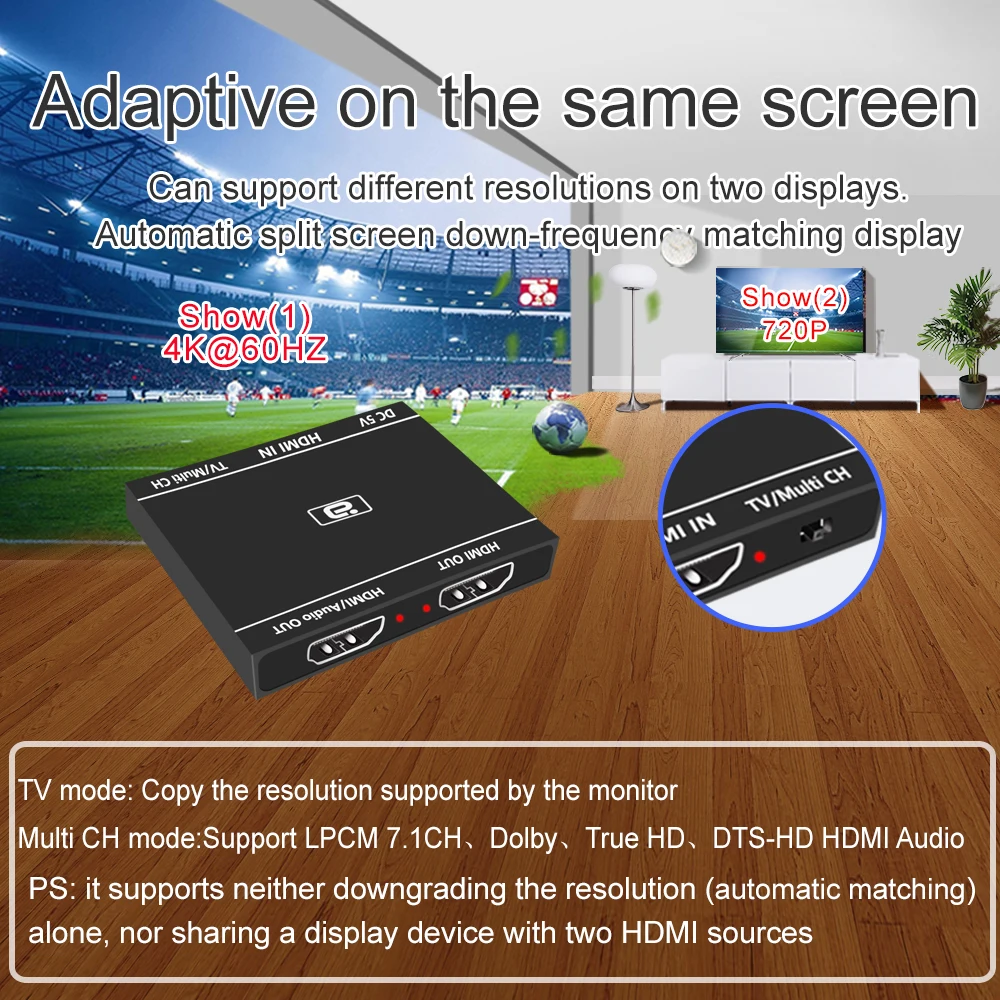 HDMI2.0b 1x2 ספליטר 4K@60HZ UHD-1 2-HDMI תואם רק Audio Extractor HDCP קראק 7.1 CH-Dolby Atmos PS TV Box - 4