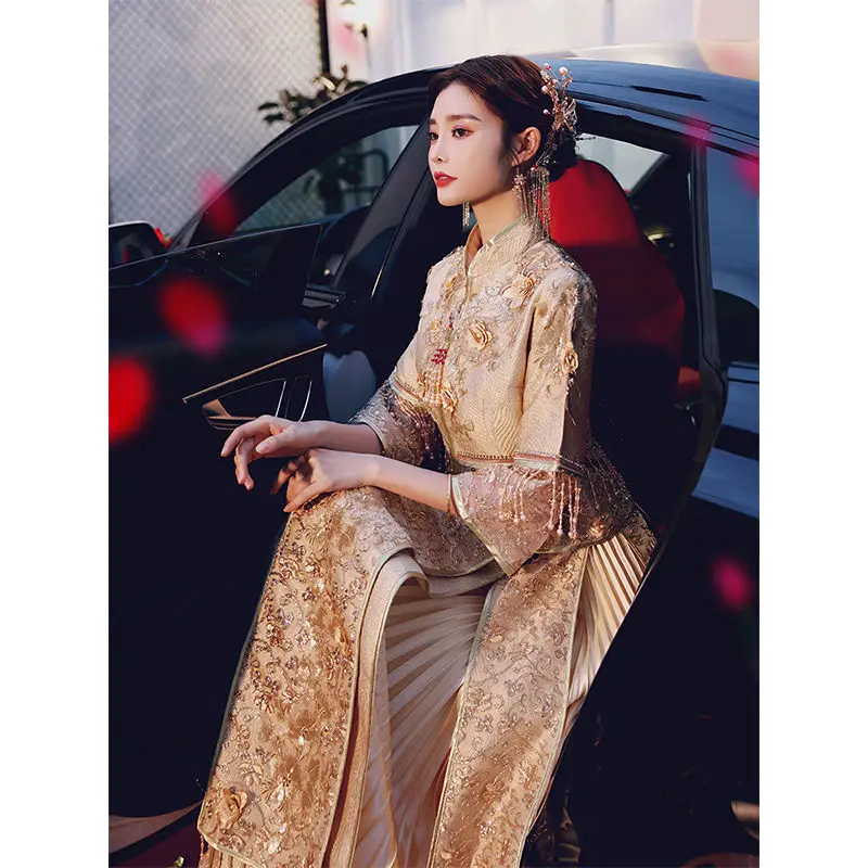 Yourqipao Xiuhe בגדים חדשים הכלה 2023 סינית עתיקה שמלת הכלה שמפניה דרקון ופניקס שמלת כלה כוסית צד שמלות - 4