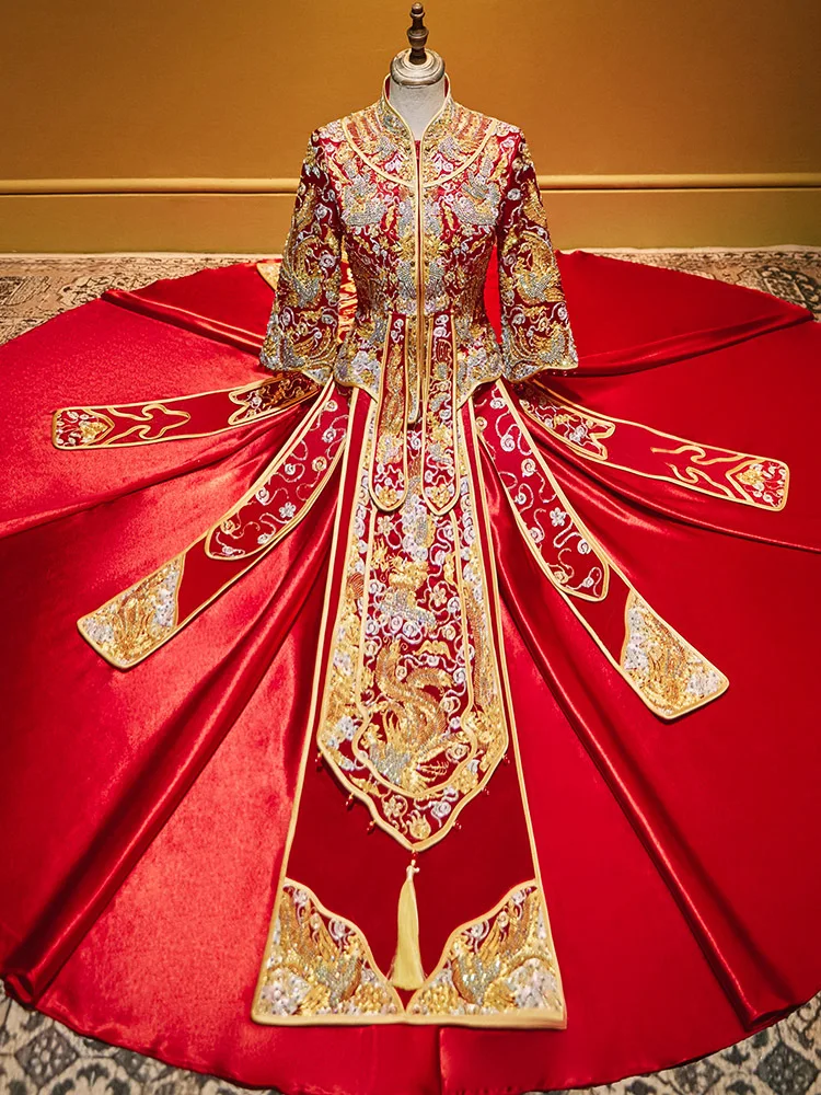 Yourqipao סיני Xiuhe בגדים 2023 המסורתי החדש Cheongsam שמלת החתונה טוסט העתיקה Custumes כבד חרוזים שמלות כלה - 4