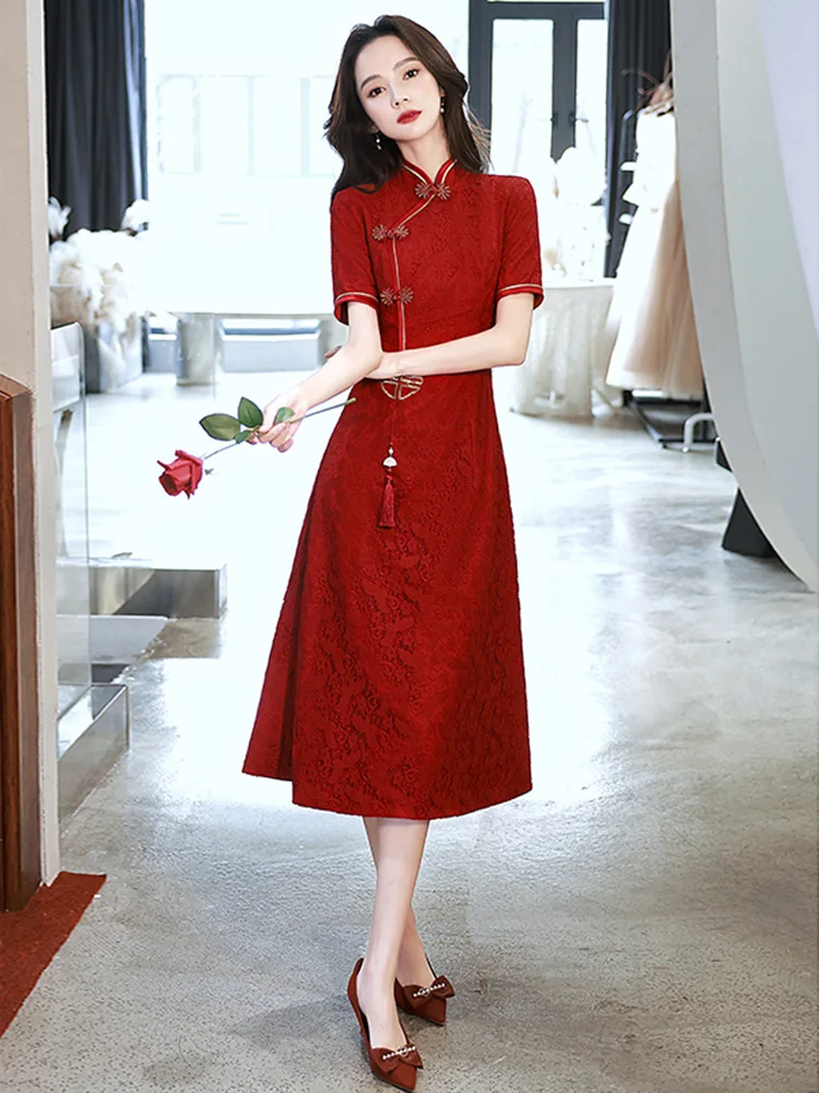 Yourqipao סינית מסורתית Cheongsam לחיים בגדים 2023 חדש סין שמלה אדומה נשים אירוסין נשף שמלות ערב - 4