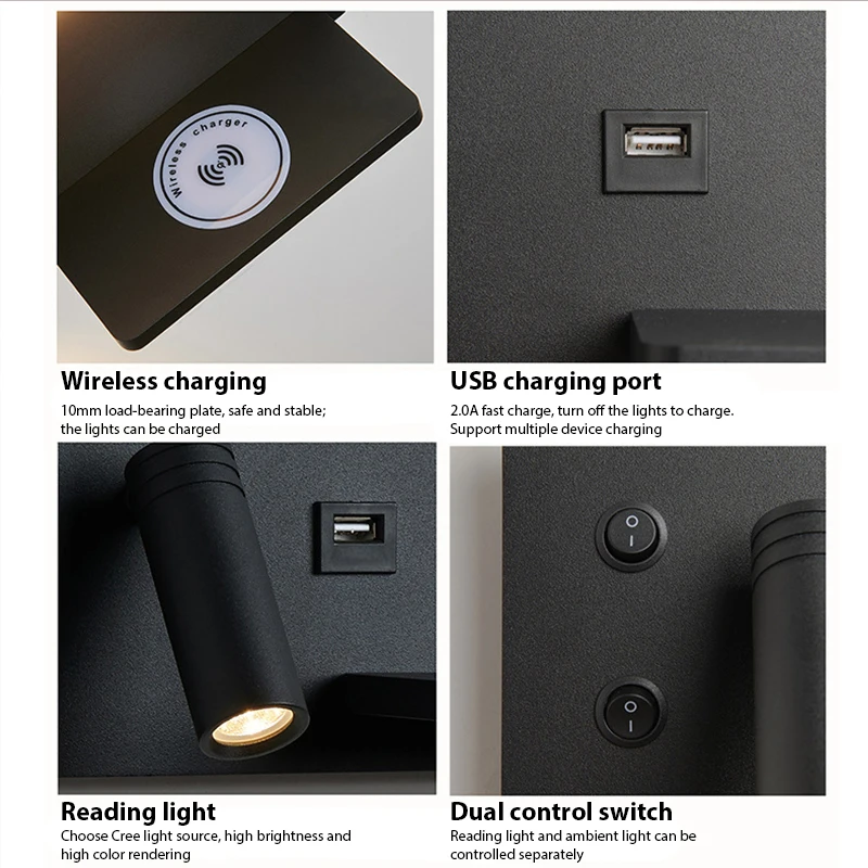 ZEROUNO משולבת LED קריאת קיר פנימי-אור האלחוטי USB טעינת טלפון מתג לצד המיטה פמוט קיר מלון המיטה מנורה - 4