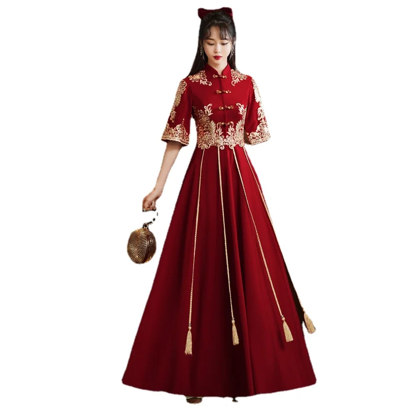 אדום מסורתי שמלת הכלה הסינית החתונה Cheongsam וינטאג אלגנטית טוסט בגדים מודרניים ערב המפלגה שמלת צ ' יפאו Vestido - 4