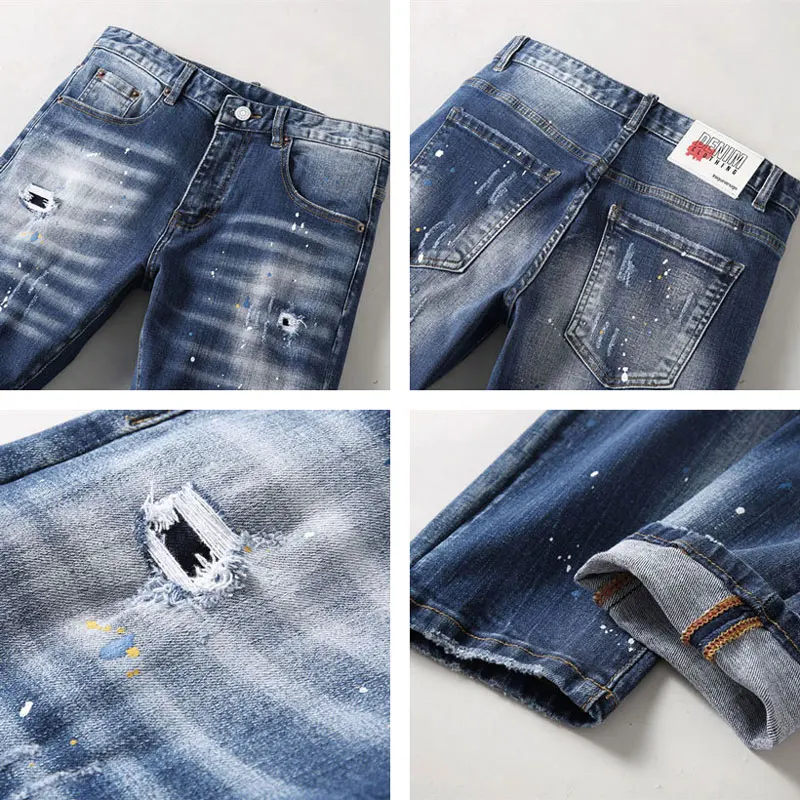 אופנה וינטג גברים ג 'ינס רטרו כחול רזה אלסטי מתאים חור, קרע בג' ינס גברים צבועים מעצב היפ הופ ג ' ינס עיפרון מכנסיים גבר - 4