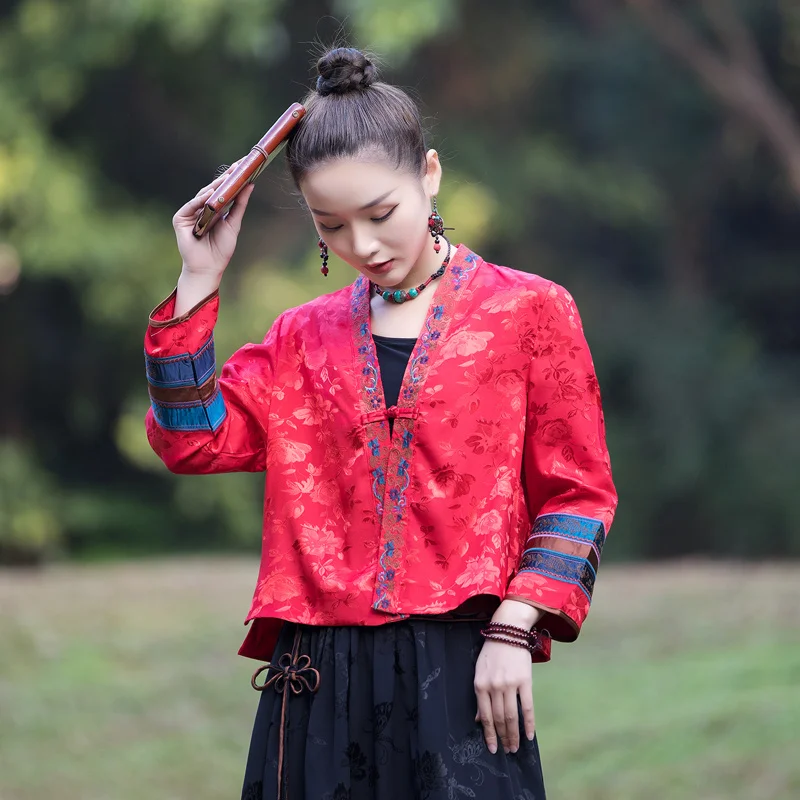 אתני חדש רקמה קרדיגן מעיל קצר נשים רטרו טאנג חליפה שרוול ארוך בסגנון סיני ' קט סיני בגדים צוואר V Hanfu - 4