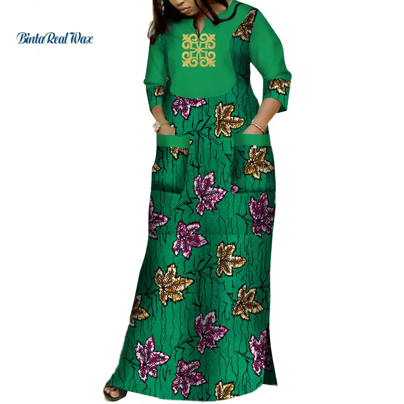 דאשיקי אפריקה שמלות לנשים Bazin ריש אפליקציה להדפיס שמלות ארוכות עם 2 כיסים אפריקאי מסורתי בגדים WY3620 - 4