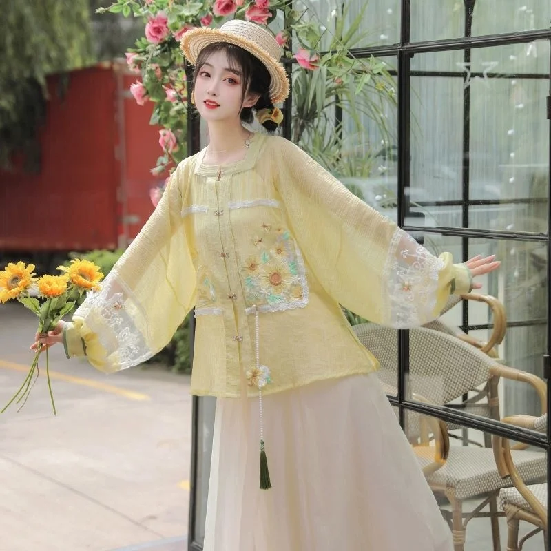 האן Xuming גרם Hanfu. נשים יכולות ללבוש חמניות מוצק צבע גודל גדול קצרים חולצה עם צוואר מרובע חצי שרוולים יומי - 4