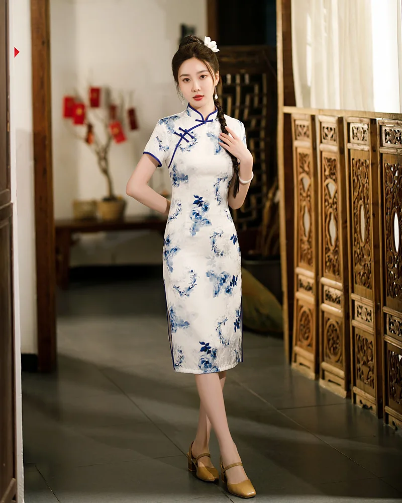 הסגנון הסיני המסורתי המשופר Cheongsam גבוהה פיצול בציר שמלת נשים פרחוני הדפסה סלים צ ' יפאו - 4