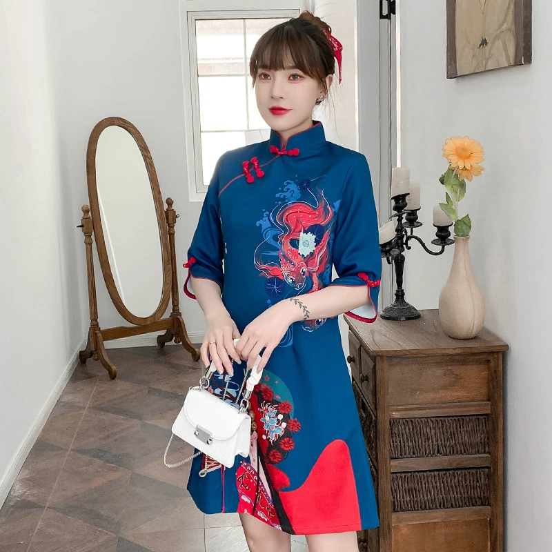 כחול אלגנטי קיץ מזדמן מסיבת קרנבל אופנה מודרנית Cheongsam שמלת נשים שרוול קצר צ ' יפאו סינית מסורתית בגדים - 4