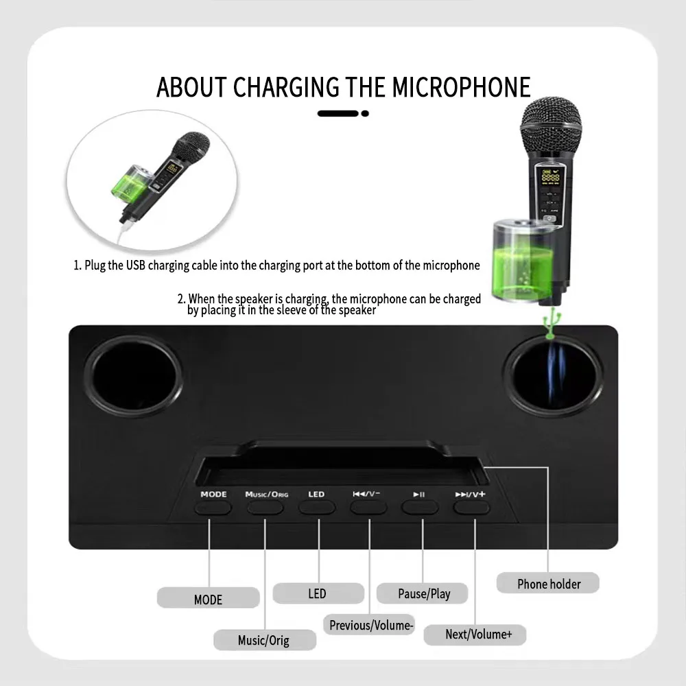 כפול רמקול Bluetooth רמקול הביתה בידור חיצוני נייד LED אפקט תאורה אלחוטית K שיר כפול מיקרופון. - 4
