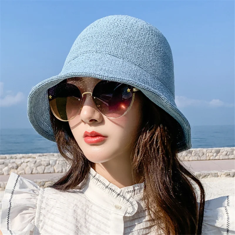 מותג חדש בקיץ כובע קש נשים אופנה נסיעות לפנמה נקבה מגמה דלי כובע ליידי שמשיה לנשימה השמש כמוסות - 4