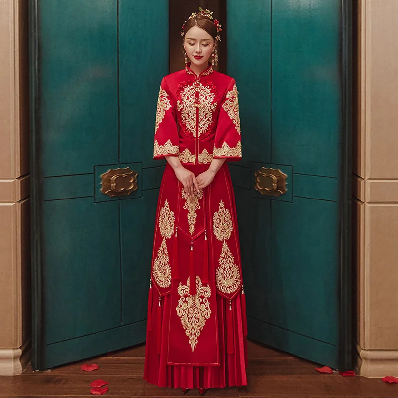 מזרחי חרוזים רקמה ציצית סינית מסורתית החתונה Cheongsam הכלה החתן צ ' יפאו השמלה китайская одежда - 4