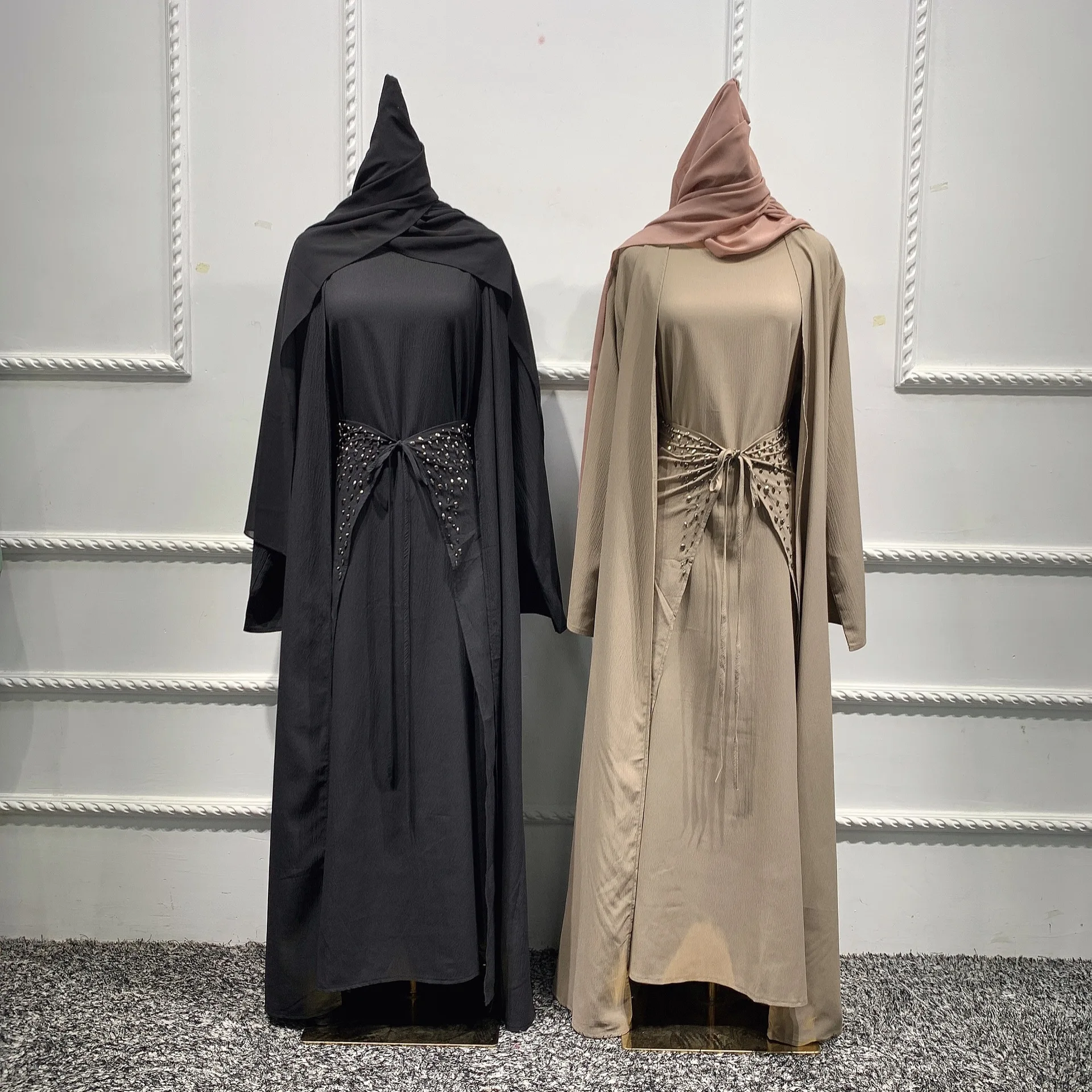 מלאכת-יד חרוזים 3 חתיכה המוסלמים להגדיר התאמת הלבוש מקומט קרפ פתוח Abaya קימונו שרוול ארוך שמלה לעטוף את החצאית דובאי סתיו - 4