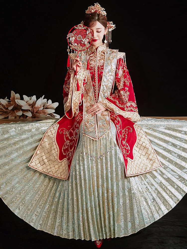מסורתית מינג מערכת פייטים חרוזים רקמה נישואין להגדיר הכלה החתן טוסט בגדי וינטג ' Cheongsam שמלת החתונה - 4