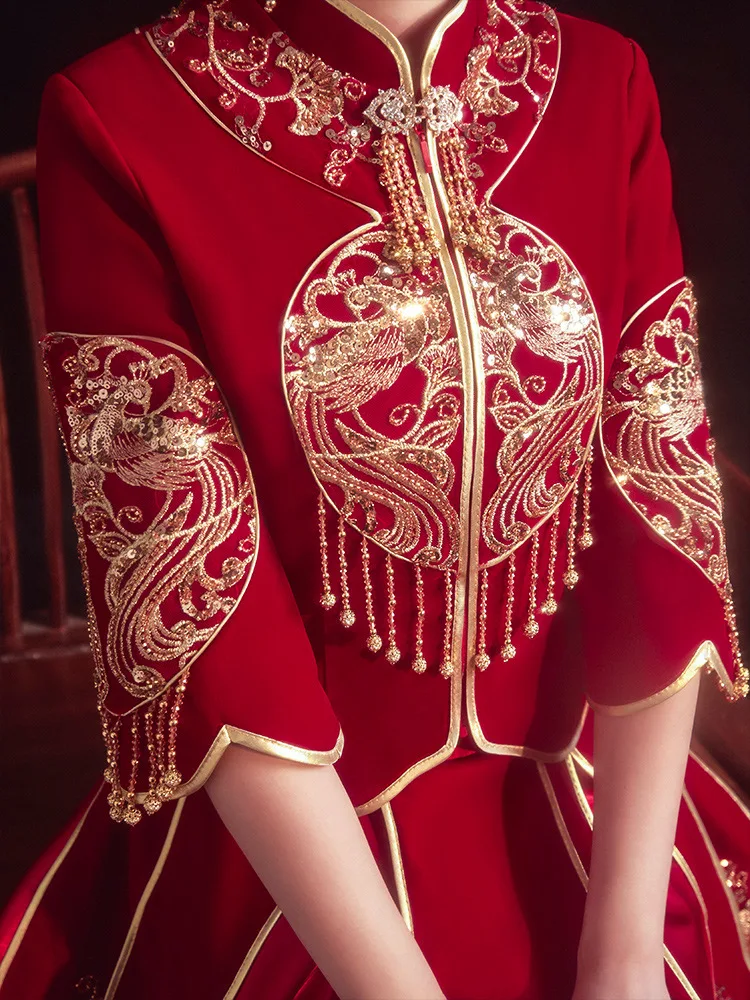 מעולה פאייטים רקמה סינית מסורתית Cheongsam כמה חליפת חתונה אלגנטית לכלה להתחתן עם שמלה китайская одежда - 4