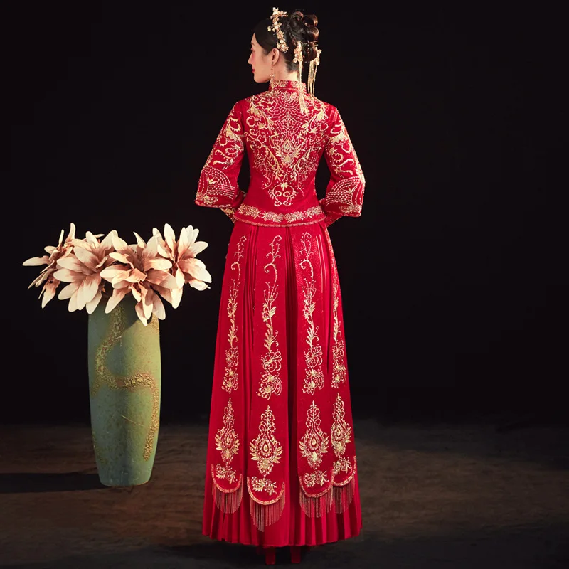 נשים האדום רקמה שמלת חתונה אלגנטית מנדרין צווארון נישואין Cheongsam טוסט בגדים - 4