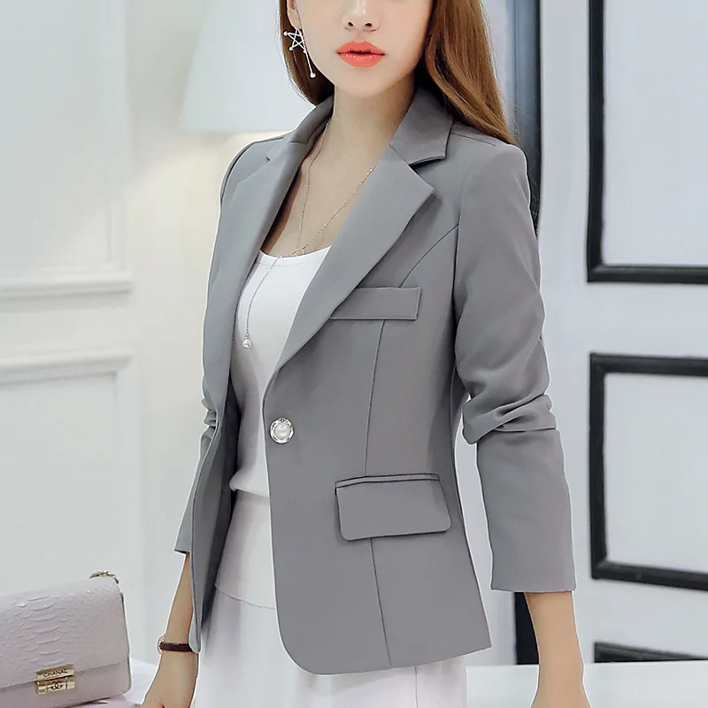 נשים מוצק מעיל חדש קוריאני אופנה ארוך שרוול סלים ג ' קט משרד גבירותיי לחצן יחיד מזדמן חליפות מעילים, בלייזרים - 4