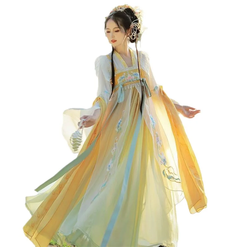 נשים צהוב רקמה פרחונית, שמלה סינית מסורתית Hanfu תחפושת נסיכה פולק בגדי ריקוד - 4