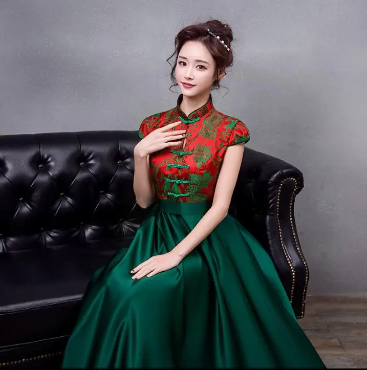 סינית מסורתית השושבינות ירוק Cheongsam אישה בסגנון מזרחי שמלות קיץ אחות Chipao - 4