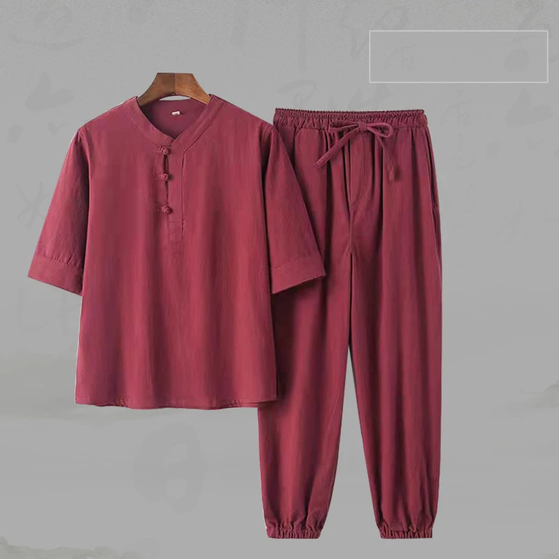 סינית מסורתית טאנג חליפה בתוספת גודל Hanfu סטים קונג פו חליפת קיץ כותנה פשתן גברים מזדמנים צמרות & מכנסיים להאריך ימים יותר Loungewear - 4