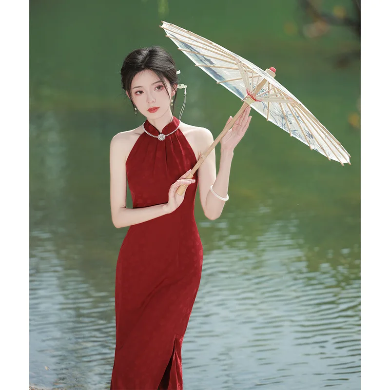 סקסית Cheongsam טוסט בגדים חדשים סיני לנשים שמלות כלה אדום הקולר רשמית מסיבת ערב 2023 שמלה חדשה שמלת האירוסין - 4
