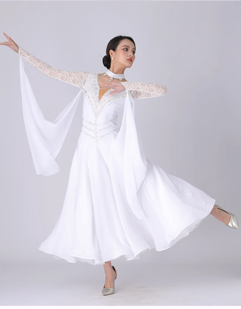 צבע לבן סטנדרטי ריקודים סלוניים, שמלות נשים מודרניות ריקודים תחפושות High-end מותאם אישית ואלס אולם התחרות שמלת ריקוד - 4