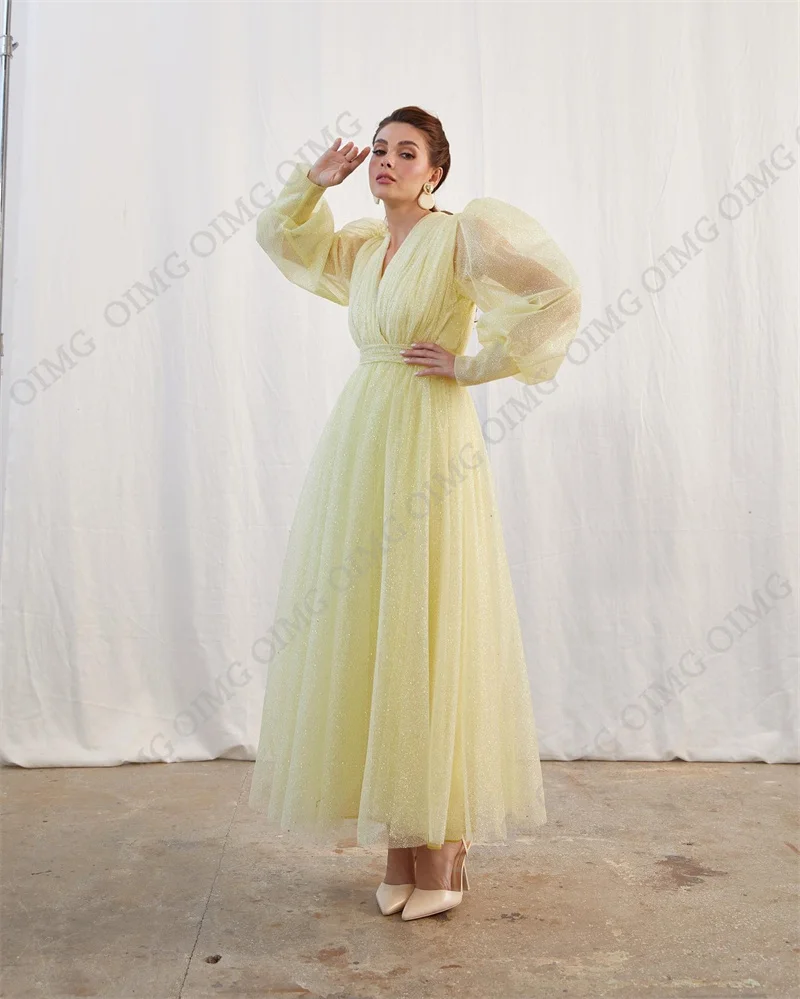 צהוב נצנצים בלינג ערב רשמי שמלה ארוכה נשים אלגנטי 2023 צוואר V מלאה שרוולים קפלים קו אורך רצפת שמלת נשף - 4
