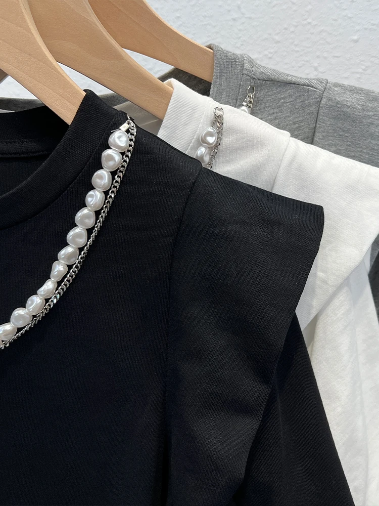 קוריאה סגנון שרוול קצר כותנה חולצות נשים קיץ פנינים עיצוב אלגנטי מוצק פשוטה מקסימום גברת מזדמן אופנתי Tees Футболка - 4