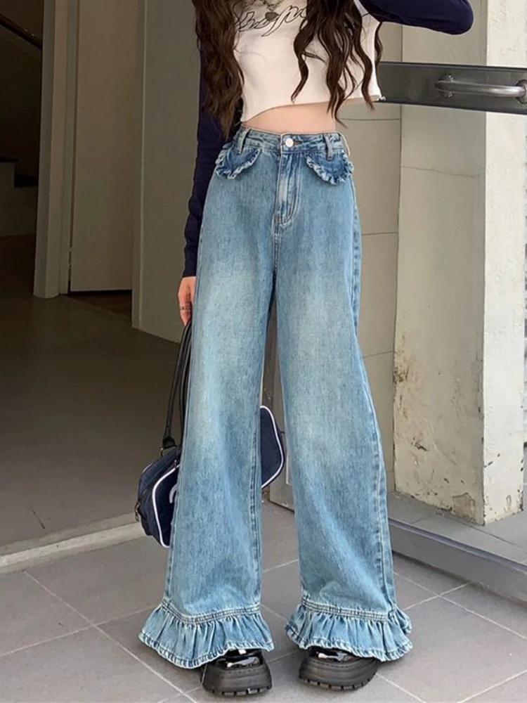 רחב הרגל ג 'ינס נשים S-4XL קפלים עיצוב ג' ינס מכנסיים אופנת רחוב שטף אישי נשי Джинсы Y2k בגדים וינטג ' אמריקאי - 4