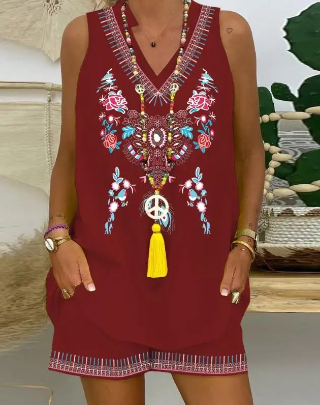 שתי ערכות קטע נשים Outifit 2023 אופנה הקיץ השבט פרחוני הדפסה חריץ הצוואר שרוולים העליון & מזדמן כיס עיצוב סט מכנסיים קצרים - 4
