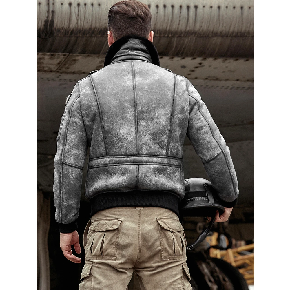 2019 Mens שחור Shearling ' קט עור מעיל פרווה מעיל Mens חיל האוויר הטיסה מעיל מעיל רקום - 5