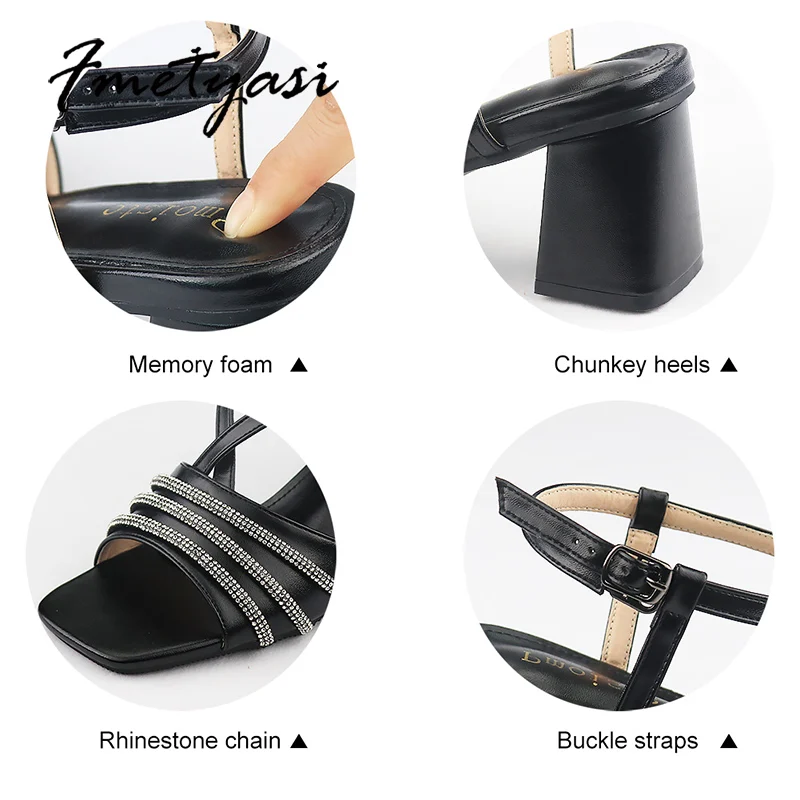 2022 הבלוק החדש עקבים נשים משאבות יוקרה ריינסטון הבוהן ציוץ Slingback נעליים שחורות שמלת מסיבת נעלי עקבים עבים נשים סנדל - 5