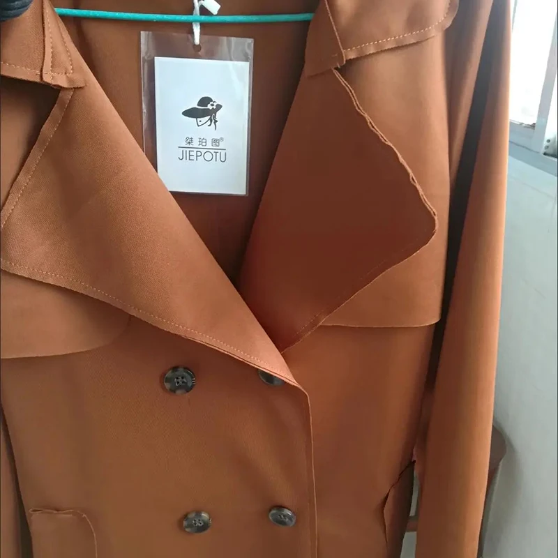 2022 סתיו דק צבע מוצק ארוך מעיל רוח אופנה קוריאנית קלאסיק זוגי עם חזה חגורת נשים מעיל אלגנטי הלבשה עליונה - 5