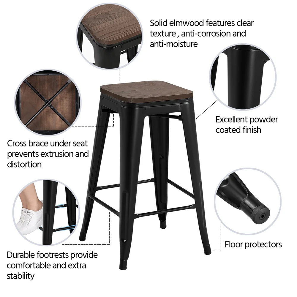 4PCS מתכת מונה כסאות בר עם מושב עץ על ביסטרו/חצר/בית קפה/מסעדה/חדר אוכל/מטבח שחור - 5