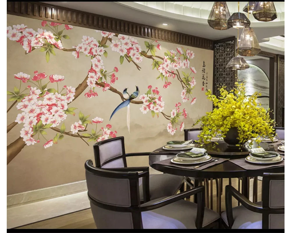 beibehang חדש בסגנון סיני מצוירים ביד אופנה נייר קיר כלבי-ים פרח ציפור נוף טלוויזיה ספה רקע טפט 3d - 5