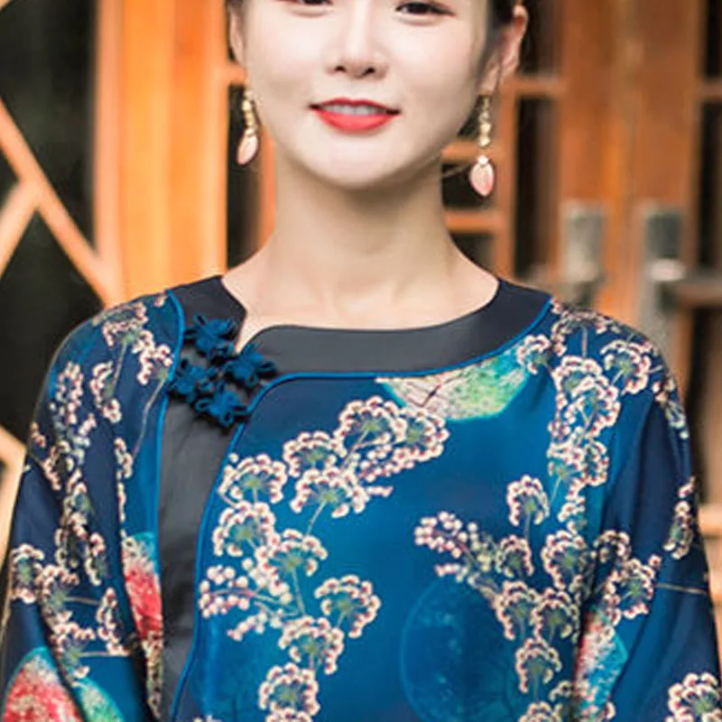 Cheongsam לנשים בתוספת גודל צמרות 2023 קיץ משי אמיתי טביעות החדרת O-צוואר מסורת סינית בסגנון רזה צ ' יפאו חולצות אישה - 5