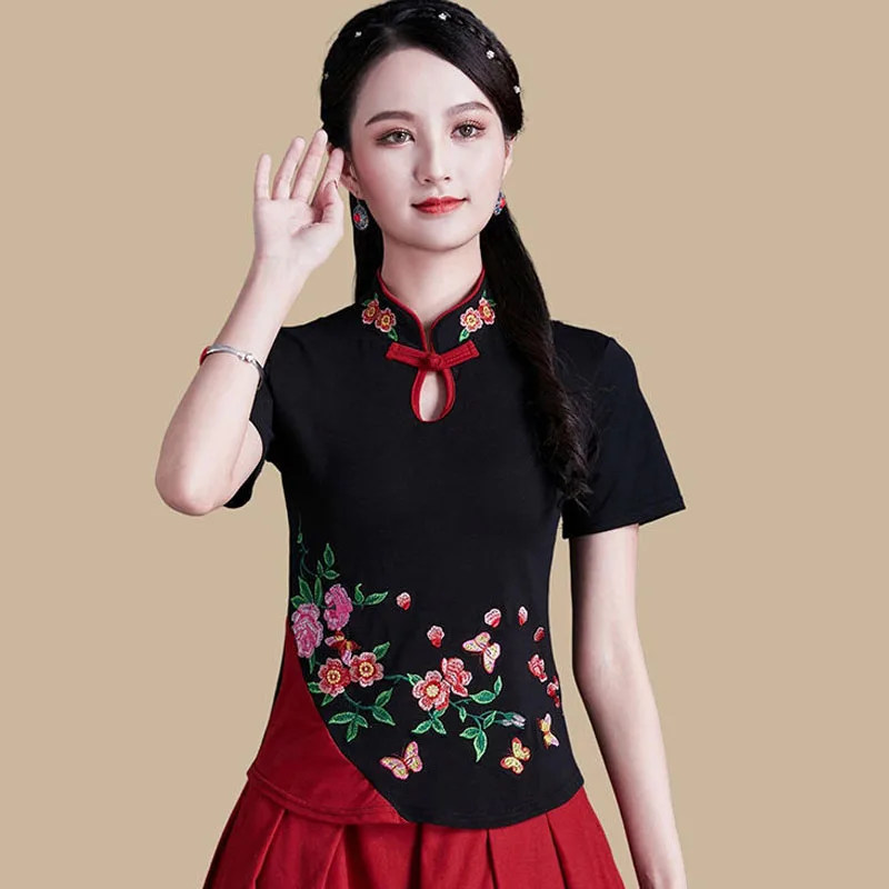 Cheongsam לנשים בתוספת גודל צמרות 2023 כותנה בד רקמה החדרת לעמוד צווארון שרוול קצר בסגנון סיני צ ' יפאו חולצות - 5