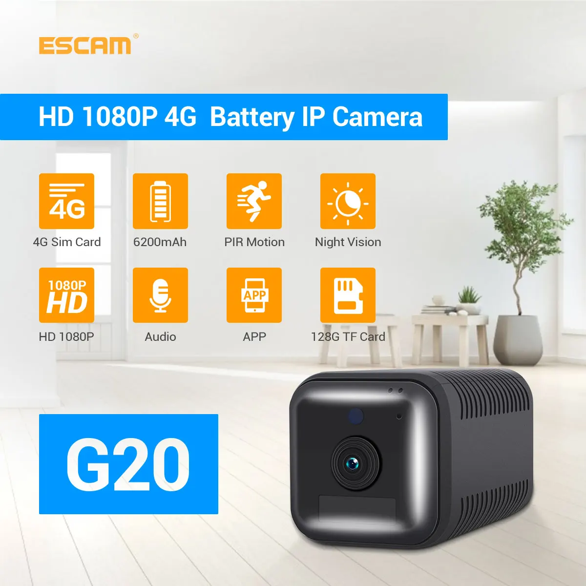 ESCAM G20 1080P Full HD סוללה נטענת PIR אזעקה 4G Sim מצלמה עם שני דרך אודיו - 5
