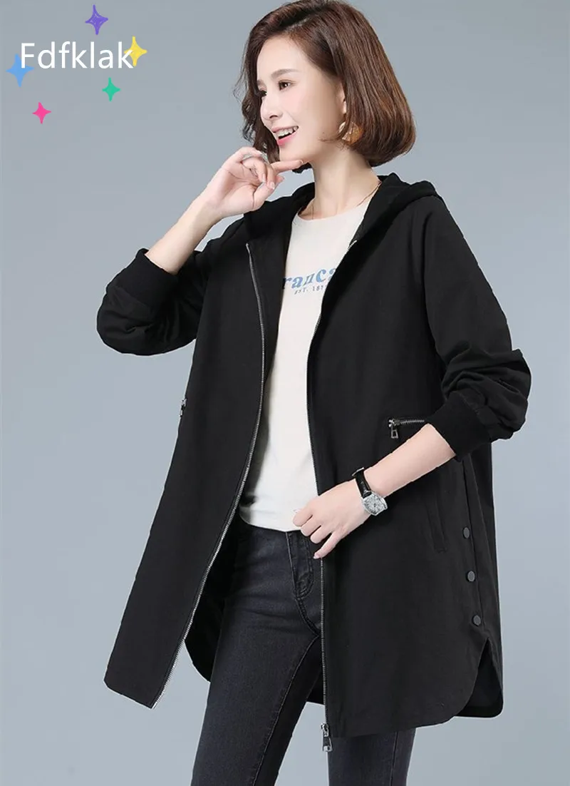 Fdfklak חדש סתיו נשים בגדים מזדמנים בסיסי מעיל כיס רוכסן מעילי רופף עם ברדס ארוך שרוול מעיל רוח נשית - 5