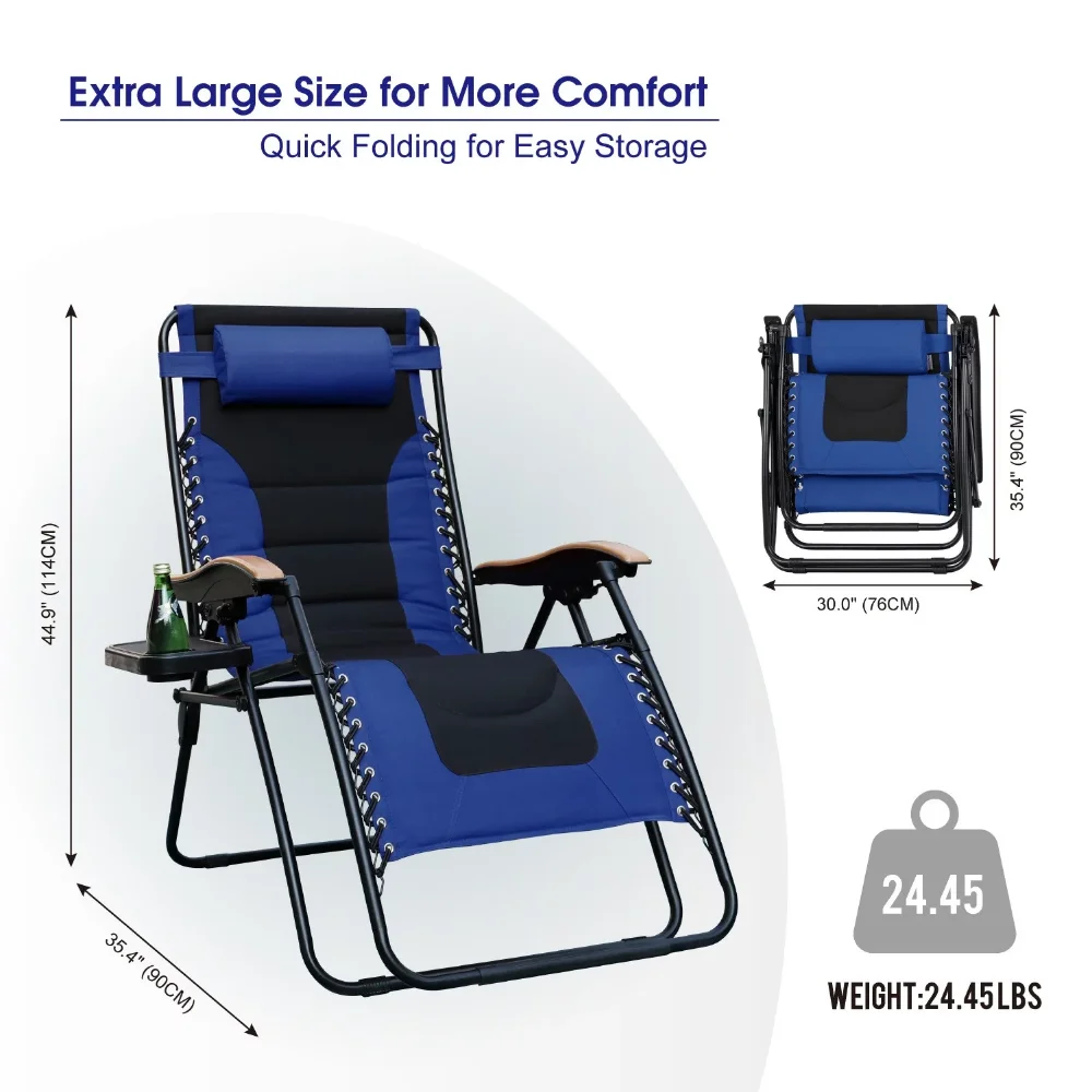 MF סטודיו XL גדול מרופד אפס כבידה כיסא מתקפל טרקלין כורסאות עם מחזיק כוסות כחול - 5