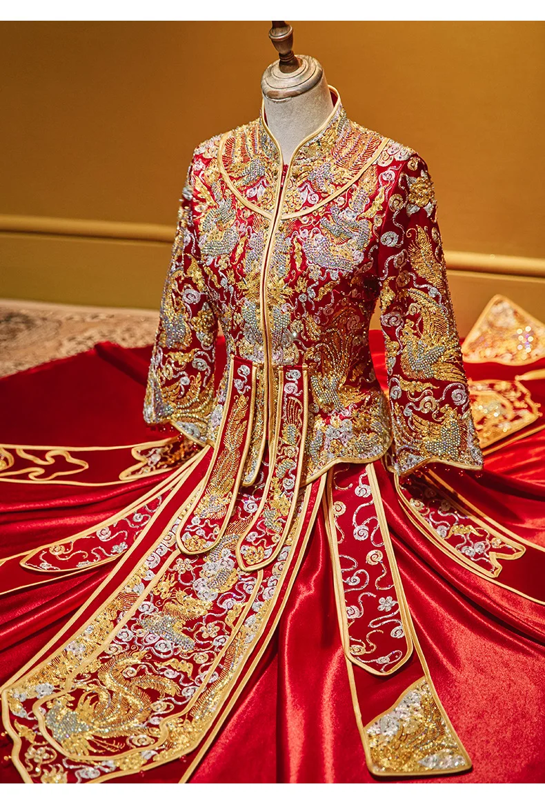 Yourqipao סיני Xiuhe בגדים 2023 המסורתי החדש Cheongsam שמלת החתונה טוסט העתיקה Custumes כבד חרוזים שמלות כלה - 5