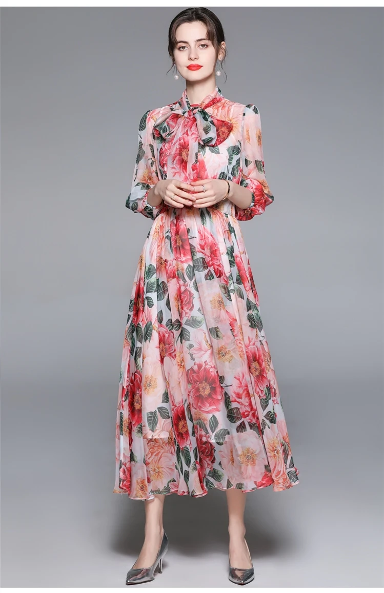 ZUOMAN נשים אביב פרחוני אלגנטי שיפון שמלה לפסטה באיכות גבוהה מסיבת חתונה חלוק נשי בציר קשת מעצב Vestidos - 5