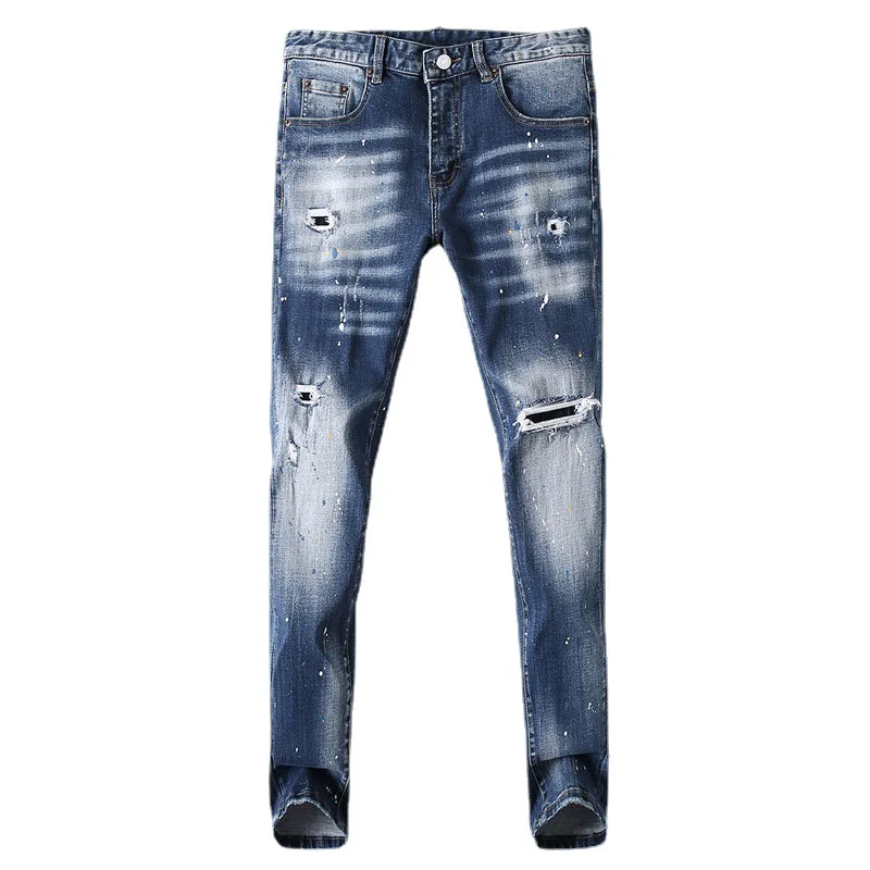 אופנה וינטג גברים ג 'ינס רטרו כחול רזה אלסטי מתאים חור, קרע בג' ינס גברים צבועים מעצב היפ הופ ג ' ינס עיפרון מכנסיים גבר - 5