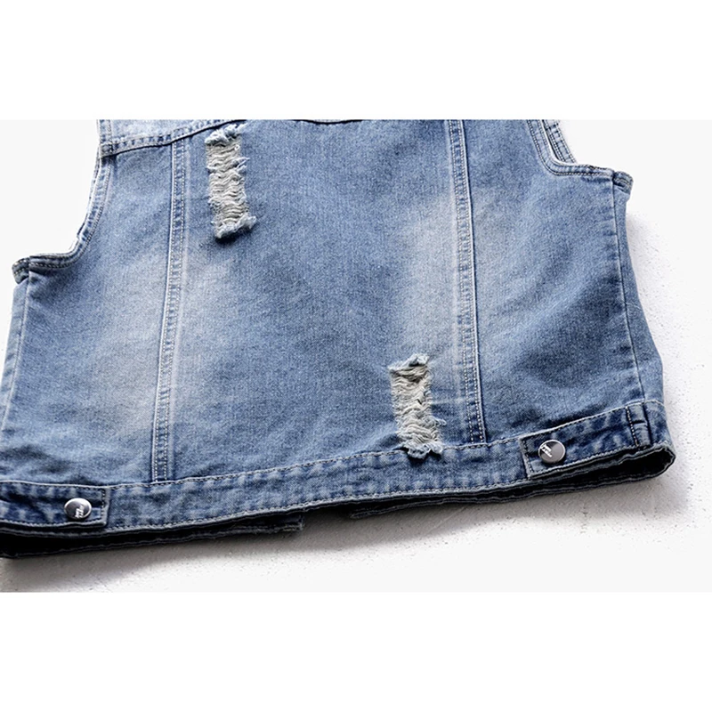 בציר כחול חורים בכיס מכנסי ג 'ינס אפוד נשים סלים קצר תלמיד קאובוי הז' קט הקיץ הקוריאני מזדמן וחולצת ג ' ינס האפוד נקבה - 5
