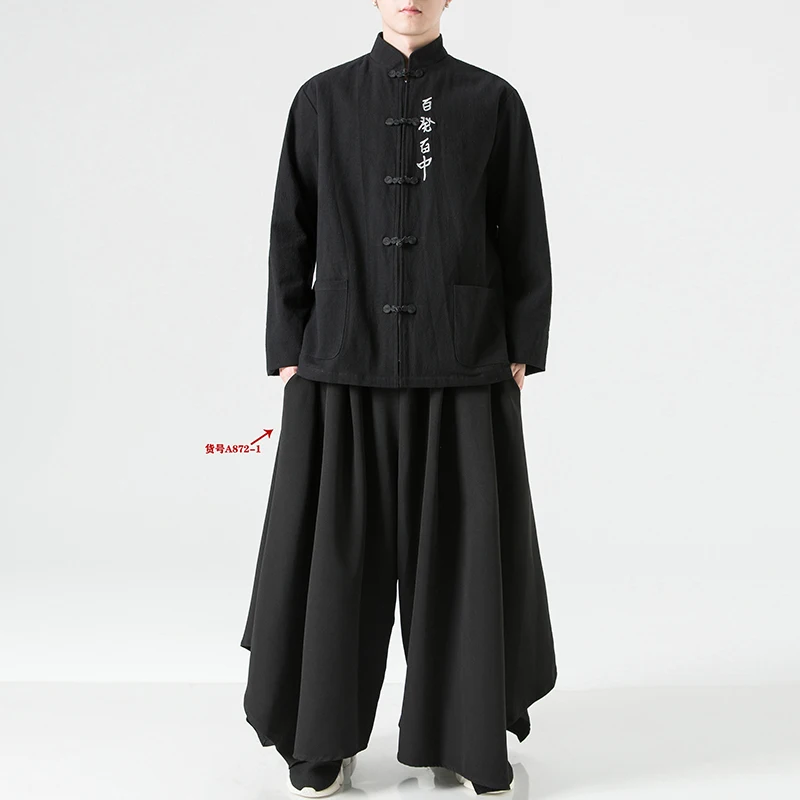 גברים פשתן טאנג חליפת מעיל בסגנון סיני גברים של סתיו/חורף טקסט רקום רופף מעיל של הגברים ז ' קט מהודר כפתור גברים מקסימום - 5