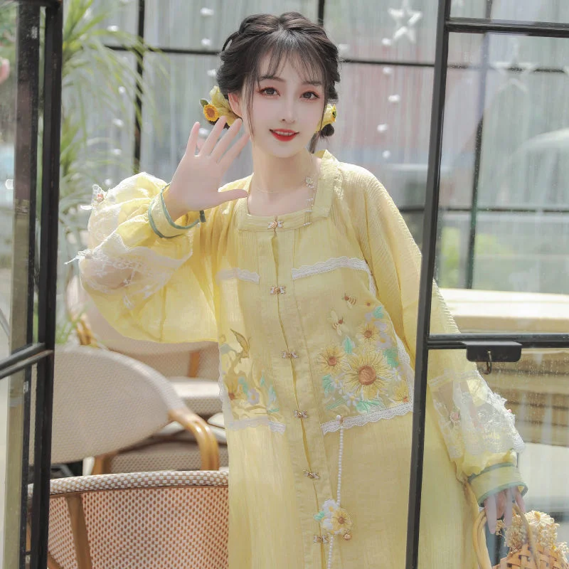 האן Xuming גרם Hanfu. נשים יכולות ללבוש חמניות מוצק צבע גודל גדול קצרים חולצה עם צוואר מרובע חצי שרוולים יומי - 5