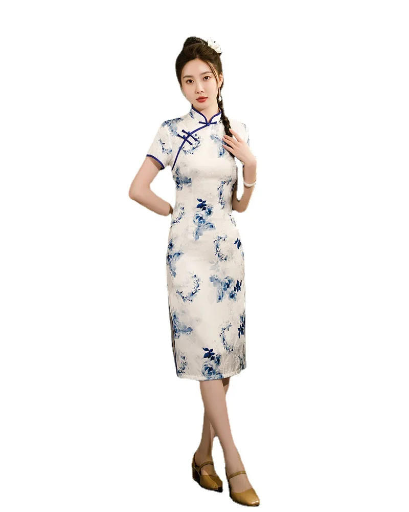 הסגנון הסיני המסורתי המשופר Cheongsam גבוהה פיצול בציר שמלת נשים פרחוני הדפסה סלים צ ' יפאו - 5