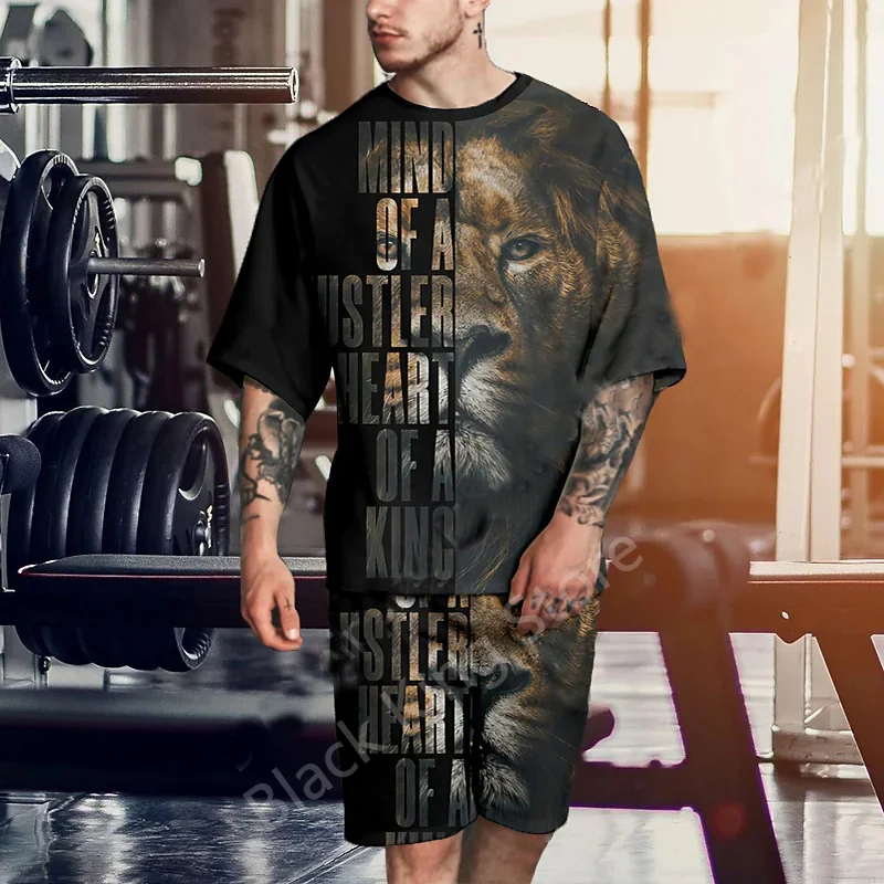 חולצת הטריקו של הגברים סטים 3D חיה אריה הדפסה גדול מכנסי ספורט העליון אימונית Oversize תלבושת קיץ, שרוול קצר בגדי - 5