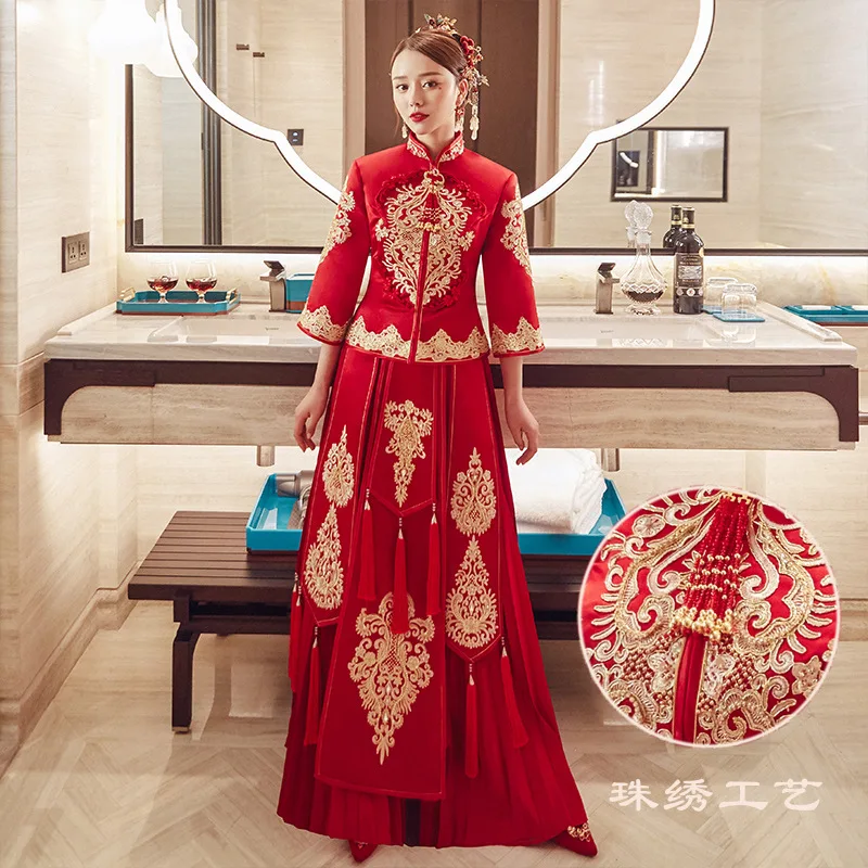 מזרחי חרוזים רקמה ציצית סינית מסורתית החתונה Cheongsam הכלה החתן צ ' יפאו השמלה китайская одежда - 5